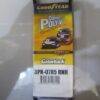 Embalagem de correia Poly-V da Goodyear com ilustrações de carros de corrida.