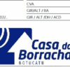 Logotipo da Casa da Borracha com fundo azul e texto em branco.