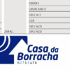 Logotipo da Casa da Borracha com detalhes do produto em tabela na parte superior.