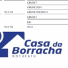 Tabela com especificações de produtos e logo da Casa da Borracha.