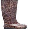 Bota de chuva de borracha transparente com estampa de onça.