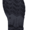 Sola de um sapato preto com padrão de relevos e marcação na parte interna.