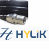 Mangueira preta com conector metálico, marca Hylik em destaque.
