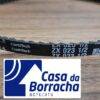 Correia preta ContiTech com escrita em branco, em fundo de madeira.