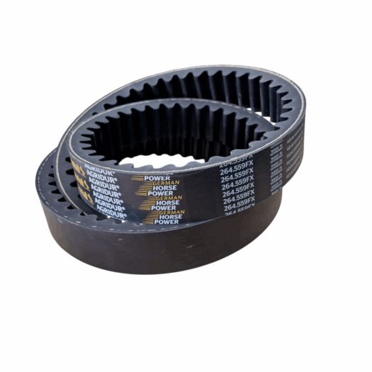 Duas correias com dentes, modelo AGRIDUR, com estampas em preto e amarelo.