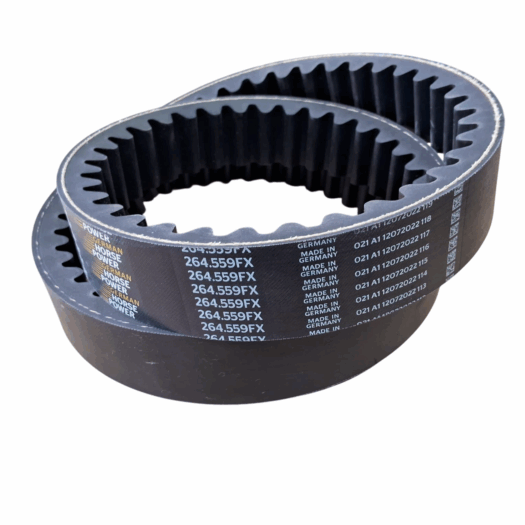 Duas correias de transmissão com marcas e números