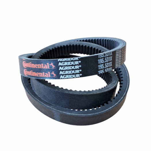 Três correias da marca Continental Agridur em diferentes tamanhos e espessuras.