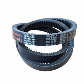 Três correias pretas sobrepostas com escrita em branco e vermelho.