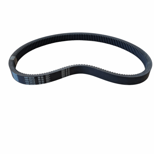 Correia dentada preta em formato oval com marcas impressas.