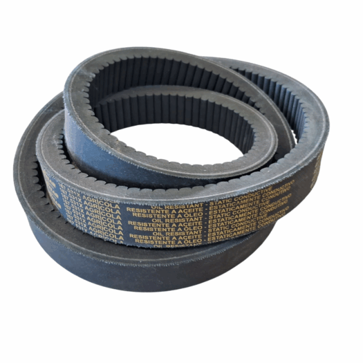 Barras pretas de borracha com etiquetas em português e inglês, resistentes a óleo e usadas em equipamentos agrícolas.