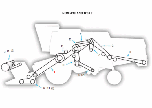 Diagrama do trator New Holland TC59 E com partes sinalizadas.