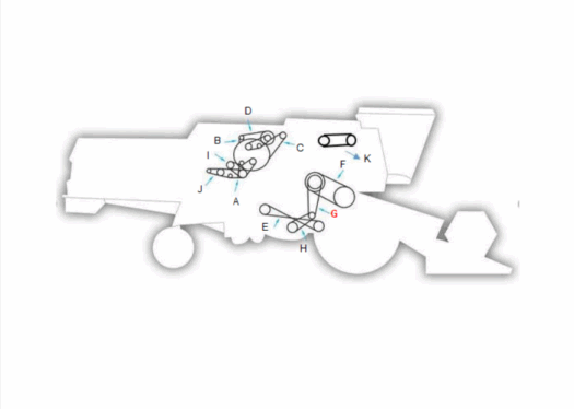 Diagrama de componentes de um equipamento agrícola com letras identificadoras