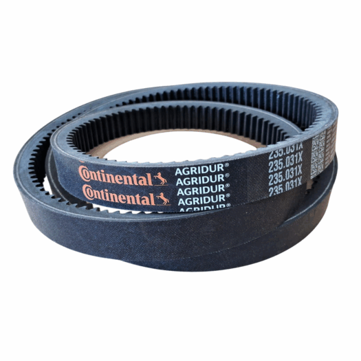 Duas correias de transmissão da marca Continental Agridur, modelo 235.031X.