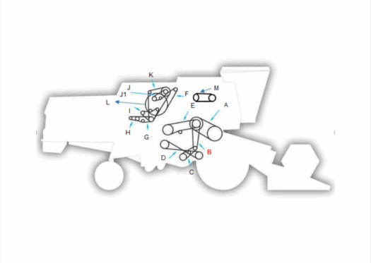 Diagrama esquemático de uma máquina agrícola com peças rotuladas.