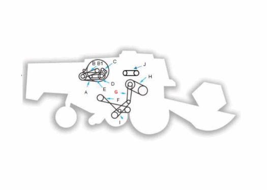 Diagrama técnico de um equipamento agrícola com partes e conexões identificadas.