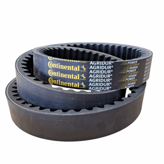 Três correias em V da marca Continental, com ranhuras e texto visível.