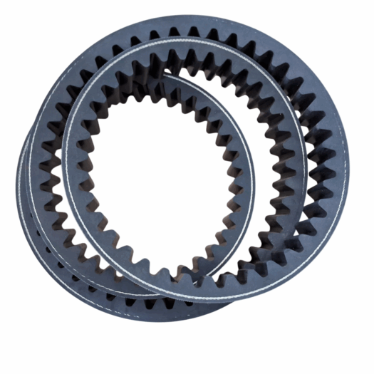 Dupla de polias dentadas em cores preta e cinza, com dentes visíveis.