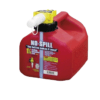 Galão de combustível vermelho com bico e alça, design para evitar vazamentos.