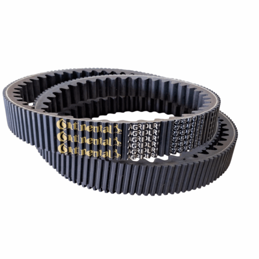 Duas correias dentadas da marca Continental, em preto, empilhadas uma sobre a outra.