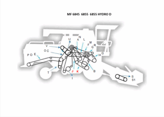 Diagrama de componentes do trator MF 6845 6855 6855 HYDRO D com setas de identificação.