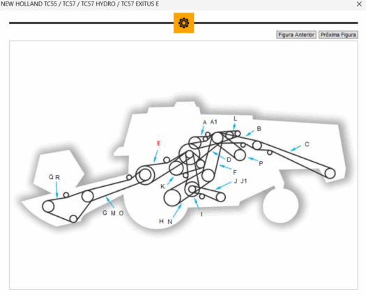 Diagrama de partes do modelo de trator New Holland TC55/TC57/TC57 Hydro/Exitus E.