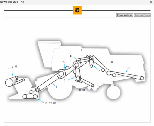 Diagrama do trator New Holland TC59 E com identificações das partes mecânicas