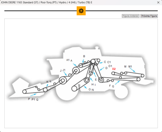 Diagrama do mecanismo do John Deere 1165 com identificação de componentes.