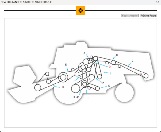 Diagrama esquemático da máquina New Holland TC 5070 com marcações dos componentes.
