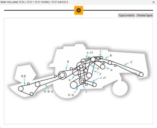 Diagrama do sistema mecânico do trator New Holland TC55/TC57, com etiquetas e conexões visíveis.