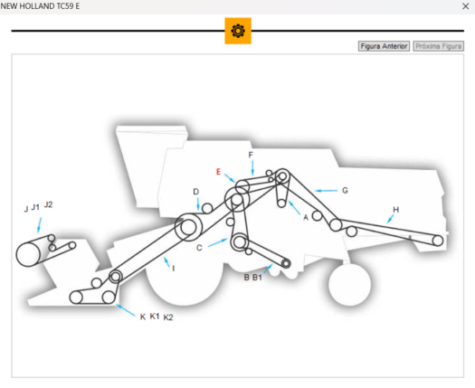 Diagrama do mecanismo do trator New Holland TC59 com identificação de partes.