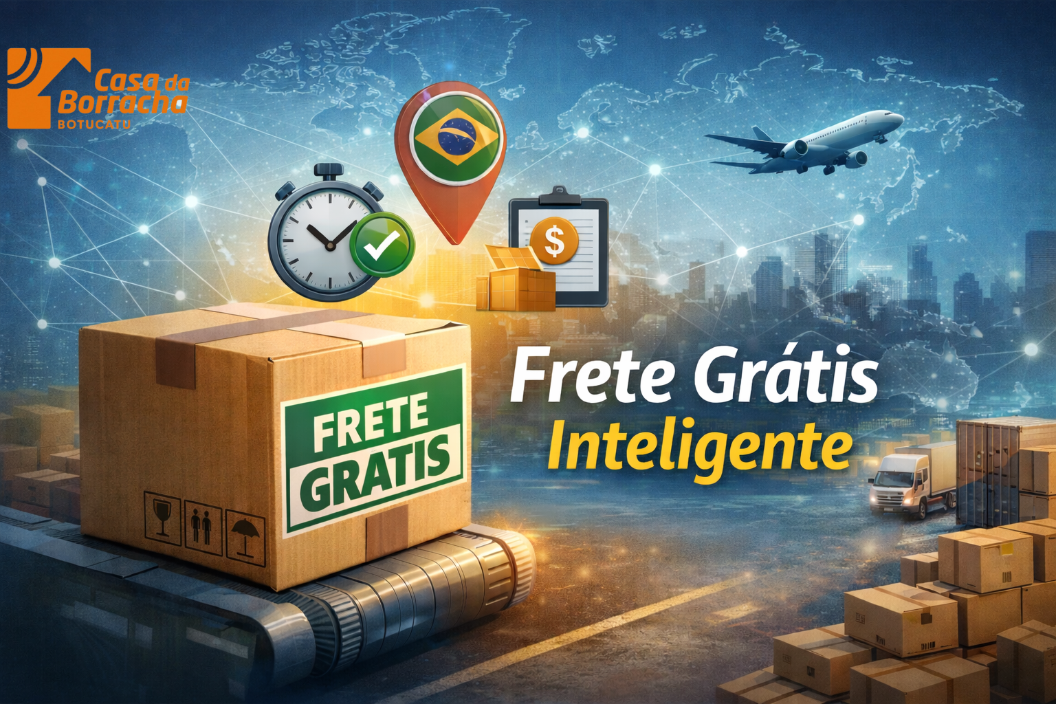 Ilustração de caixa com frete grátis inteligente, mostrando envio eficiente e cálculo automático de frete na Casa da Borracha Botucatu