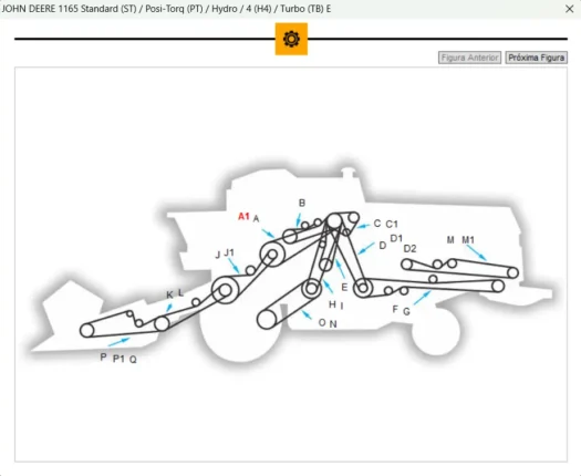 Diagrama mecânico do trator John Deere 1165, mostrando partes e conexões.