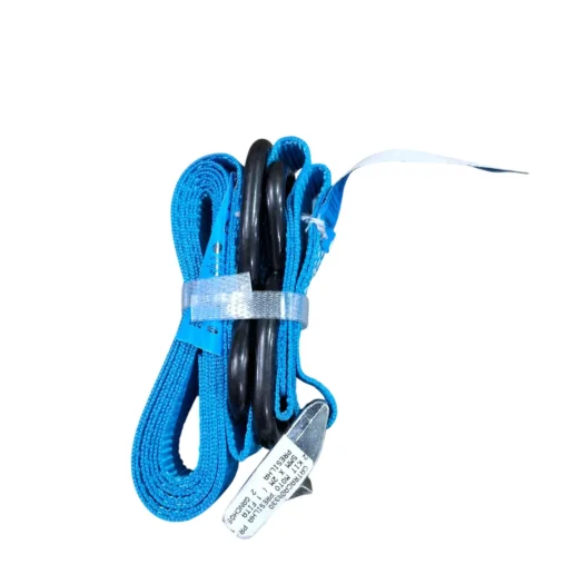 Fita de amarração azul com ganchos pretos, atada com fita adesiva.