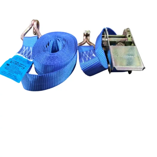 Cinta de amarração azul com fivela metálica e etiqueta de identificação.