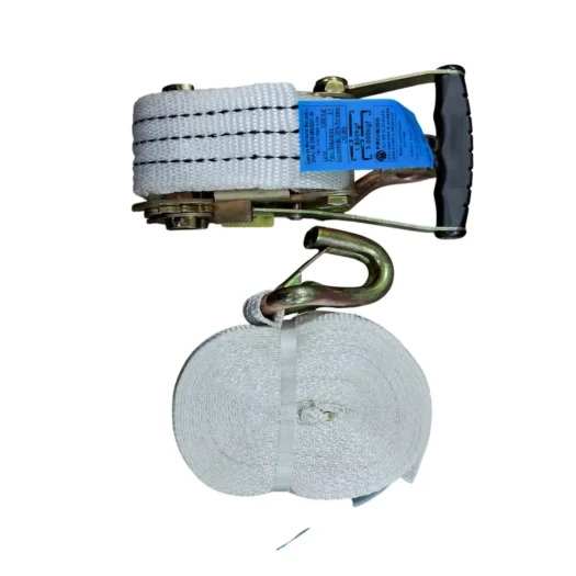 Fita de amarração cinza com gancho de metal e manivela de plástico.