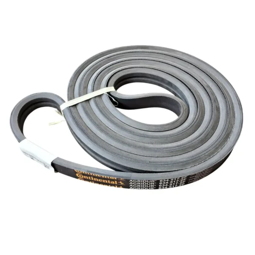 Correia de borracha preta enrolada, com rótulo da marca Continental.