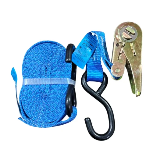 Cinta de amarração azul com gancho e ferramenta de tensionamento.