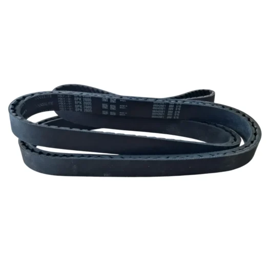 Correia preta de poliéster, flexible, com marcações em relevo.