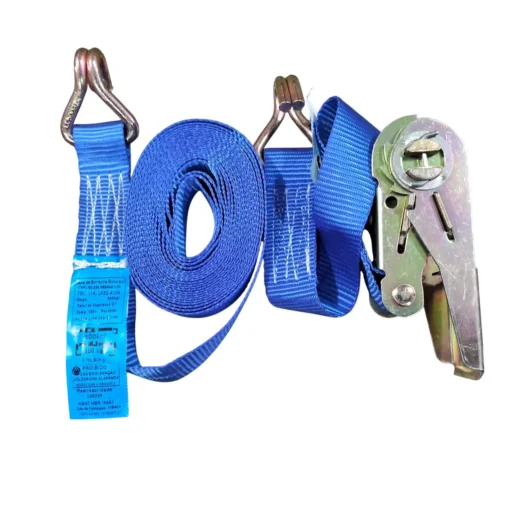 Conjunto de fita de amarração azul com ganchos e engate de tensionamento.