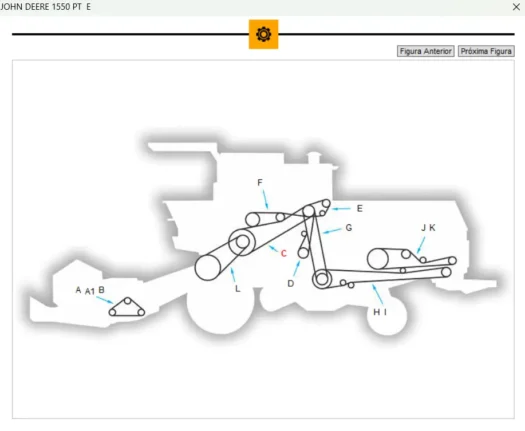 Diagrama da colheitadeira John Deere 1550 PT com componentes rotulados.