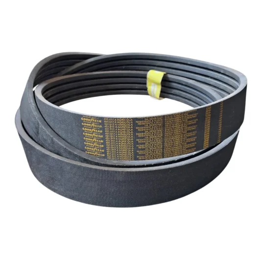 Correias de transmissão de borracha, empilhadas de forma organizada, com detalhes em dourado.