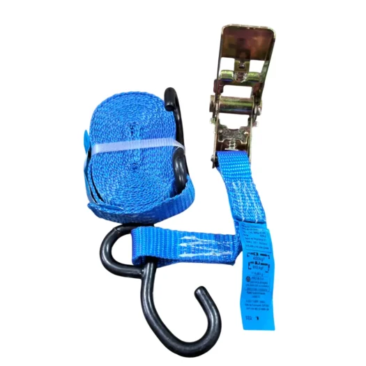 Cinta de amarração azul com ganchos e fivela de aperto.