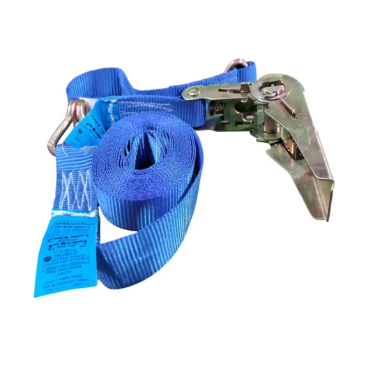 Cinta de amarração azul com gancho e engate metálico.