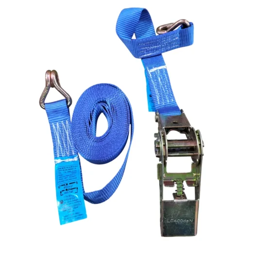 Cinta de ancoragem azul com gancho e catraca de metal