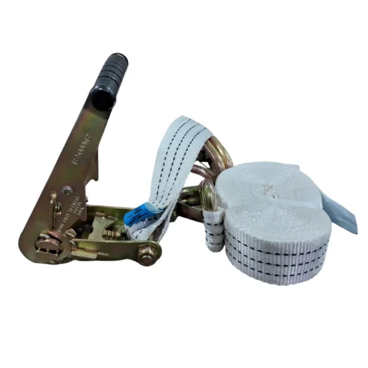 Tensionador de fita com alça e fita branca, usado para amarração.