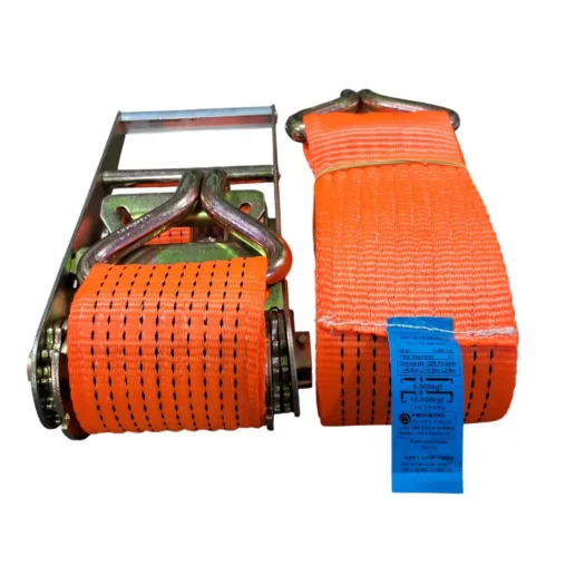 Duas cintas de amarração laranja com ganchos metálicos e etiqueta de especificação.