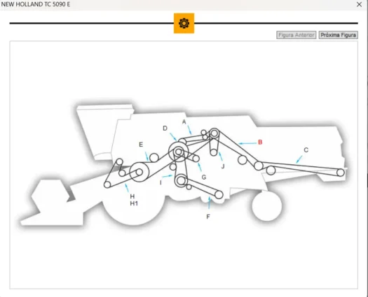 Diagrama do modelo de máquina New Holland TC 5090 E com partes identificadas.
