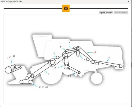 Diagrama técnico do trator New Holland TC59 com partes identificadas por letras e setas.