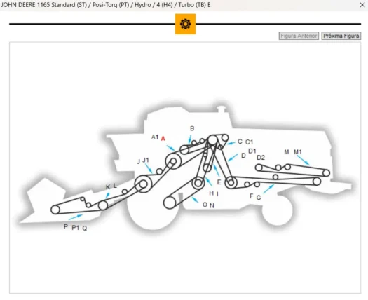 Esquema técnico do trator John Deere 1165 com partes e conexões numeradas.