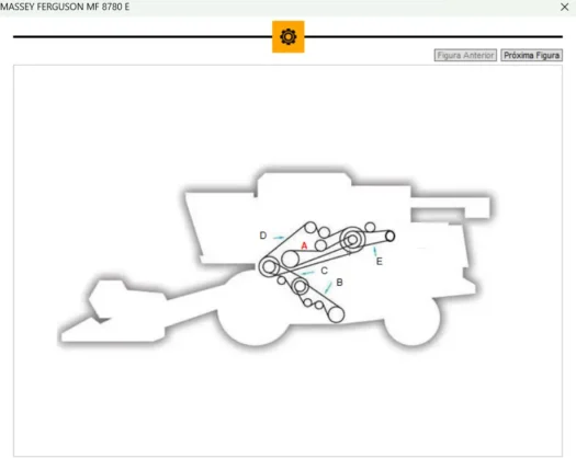 Esquema do trator Massey Ferguson MF 8780 E com partes e componentes identificados por letras.